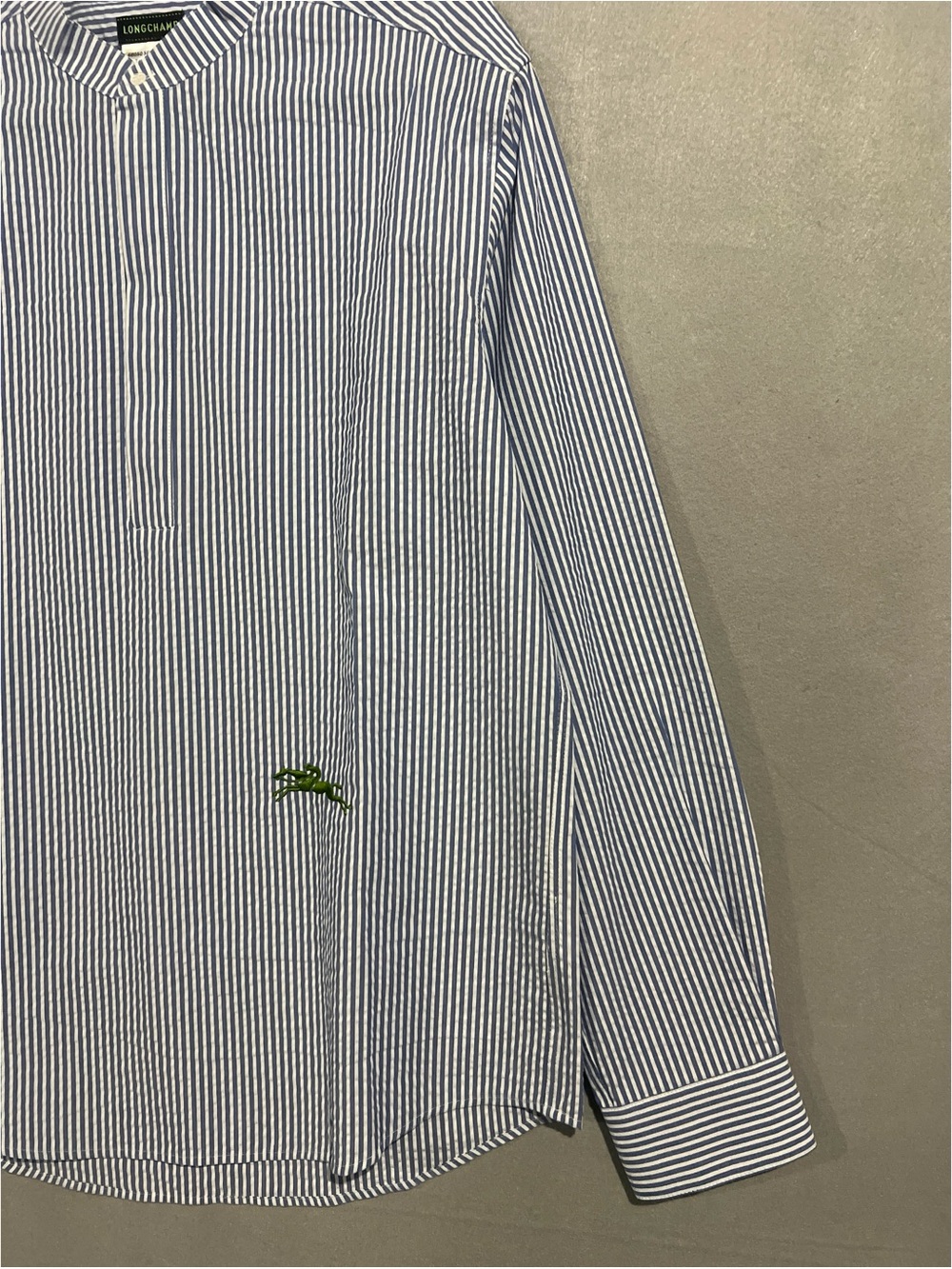 Longchamp Shirt Men’s Large Blue White Vertical Striped Band-Collar Long Sleeve - Picture 8 of 15